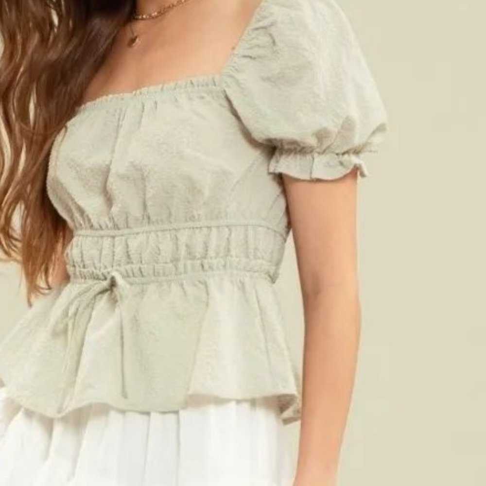 Blouse with shirred sleeves tie waist ruched